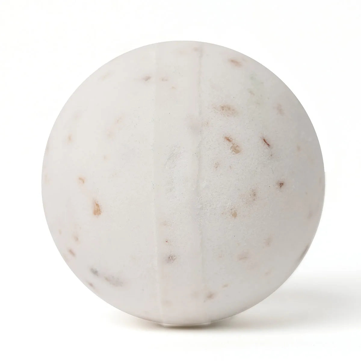 Round white Himalayan salt bath bomb with visible mineral flecks, isolated on a clean white background.