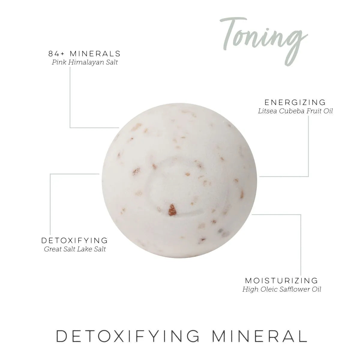 Round, white Toning bath bomb speckled with pink Himalayan salt, featuring labels for mineral and oil ingredients.